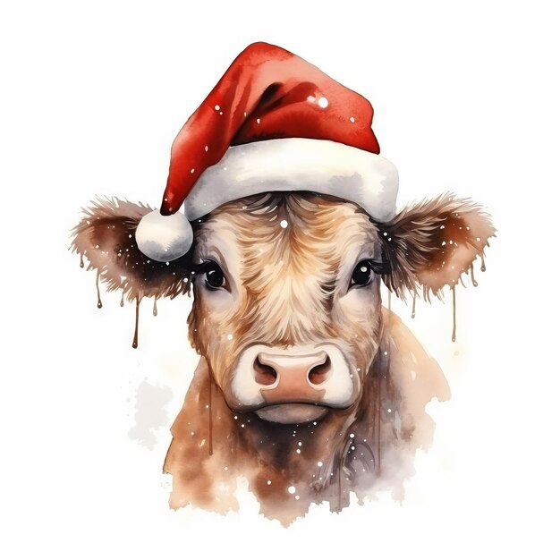 Vache dans le chapeau rouge du Père Noël isolée sur fond blanc