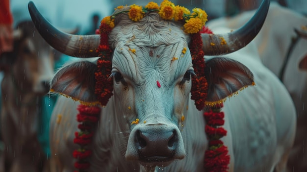 Photo vache décorée avec des fleurs de marigold et un point rouge sur le front