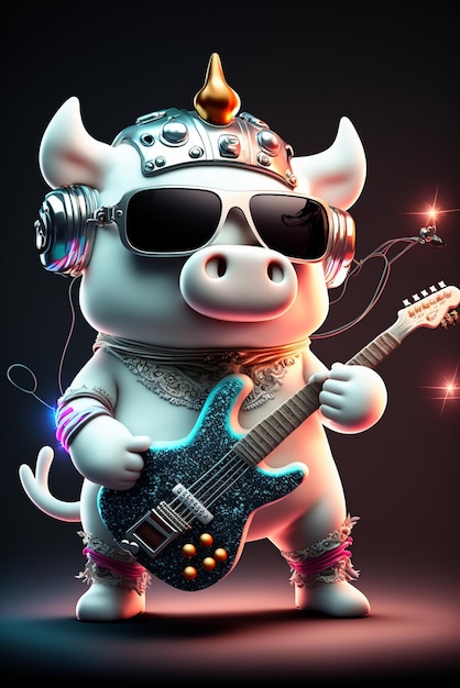 Vache de dessin animé avec un casque et une ai générative de guitare