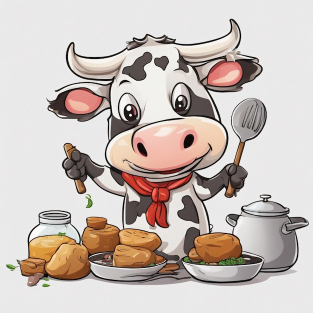 Une vache de dessin animé cuisinant sur un fond blanc drôle