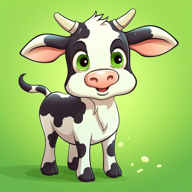 Photo vache de dessin animé debout dans un champ avec un fond vert