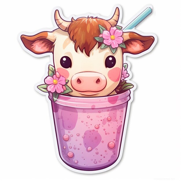 Vache de dessin animé avec fleur dans une tasse autocollant générative ai