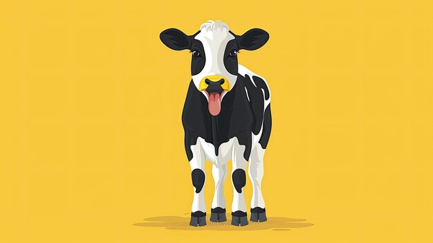 Une vache de dessin animé avec une langue qui sort est debout sur un fond jaune