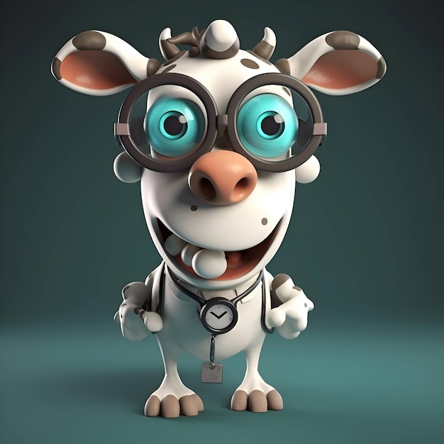 La vache de dessin animé avec des lunettes et un stéthoscope illustration 3D