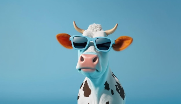 Vache de dessin animé mignon portant des lunettes de soleil sur fond bleu IA générative