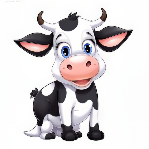 Une vache de dessin animé avec un motif noir et blanc sur son visage.