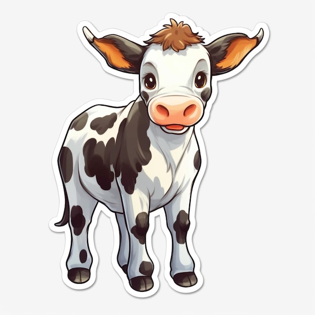 vache de dessin animé avec des oreilles brunes et des taches noires debout devant une IA générative de fond blanc