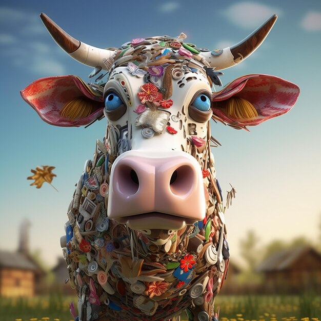 Photo une vache de dessin animé avec une toque et un tablier tient une cuillère dans sa main eid
