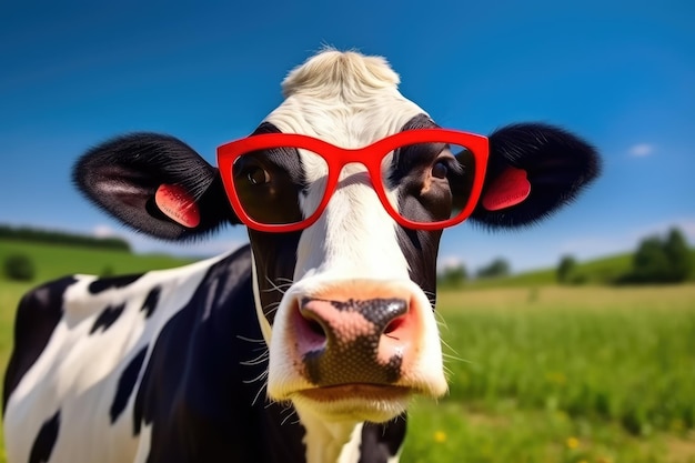 Une vache drôle avec des lunettes de soleil et un chapeau rouge devant une IA de prairie verte
