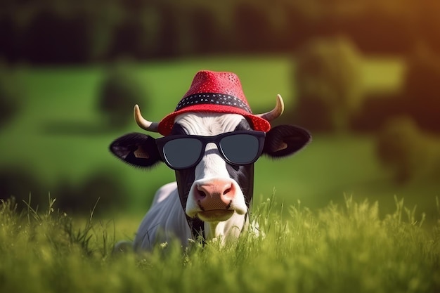 La vache drôle avec des lunettes de soleil et un chapeau rouge devant une prairie verte générée par l'IA