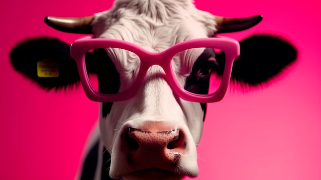 Vache drôle avec des lunettes de soleil devant le concept de fond de studio rose de l'humour et de l'excentricité AI générative