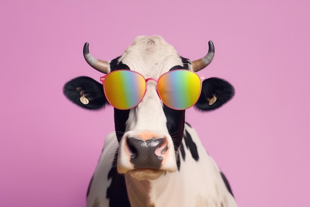 Vache drôle portant des lunettes de soleil sur un fond coloré pastel AI générative