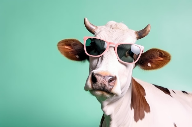 Vache drôle portant des lunettes de soleil sur un fond coloré pastel AI générative