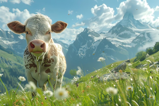 Photo une vache drôle sur une prairie verte regardant une caméra avec les alpes en arrière-plan