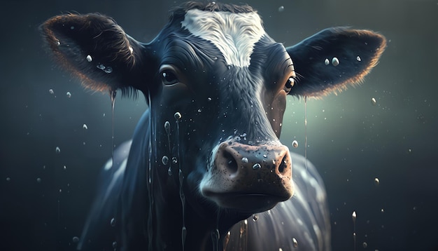 Une vache avec de l'eau sur le visage