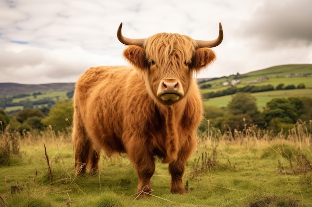 Une vache écossaise des Highlands dans un champ vert