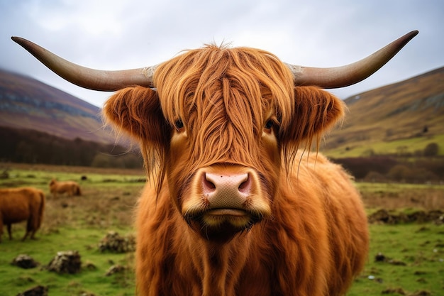 Une vache écossaise des Highlands dans un champ vert