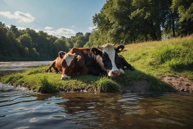 Photo une vache est allongée près de l'eau et l'herbe est verte