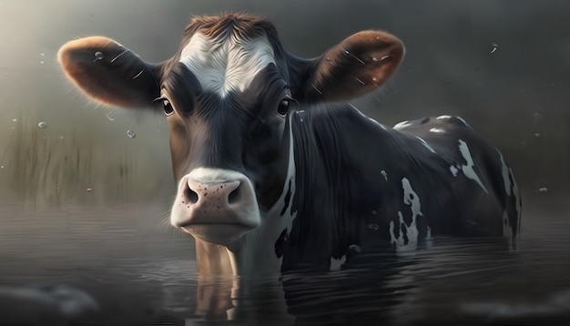 Une vache est dans l'eau et la vache regarde la caméra.