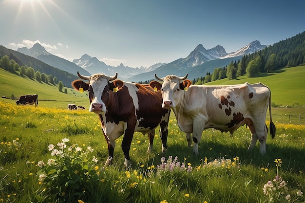 Photo une vache est debout dans un champ avec une montagne en arrière-plan