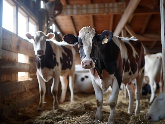 Photo une vache avec une étiquette dans l'oreille est debout dans une grange