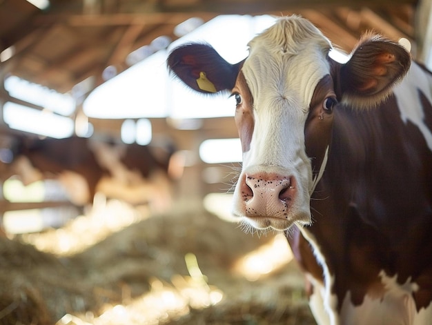 Photo une vache avec une étiquette dans l'oreille regarde la caméra