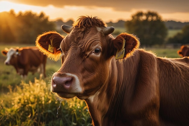 Photo une vache avec une étiquette dans l'oreille se tient dans un champ avec d'autres vaches