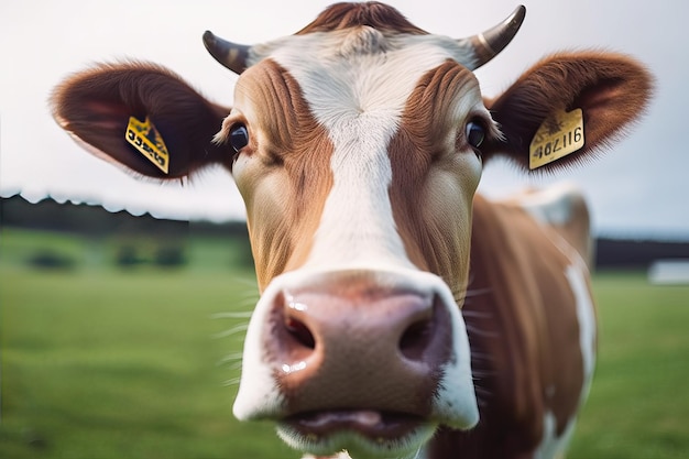 Une vache avec une étiquette à l'oreille est représentée avec le mot cœur dessus.