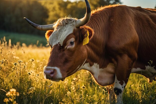 Photo une vache avec une étiquette sur son oreille se tient dans un champ d'herbe