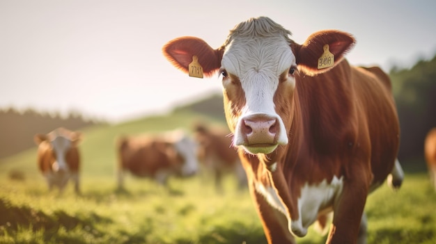 une vache avec des étiquettes dans les oreilles