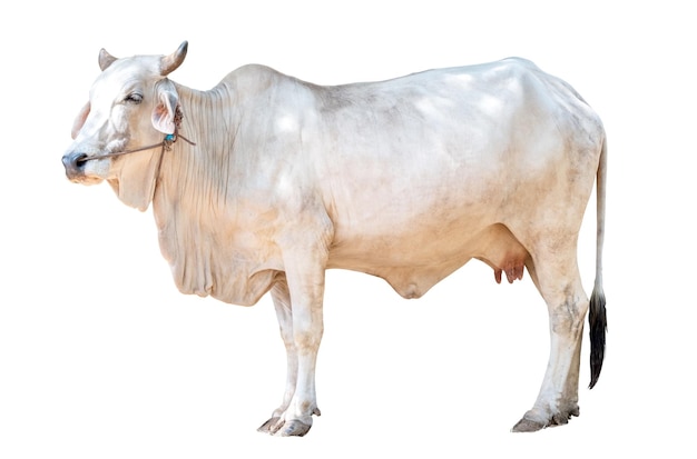 Vache femelle blanche isolée sur fond blanc chemin de détourage blanc vache thaïlandaise vue latérale de la vache asiatique