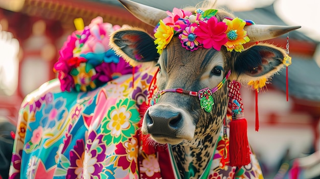 Une vache festive colorée ornée de fleurs et de décorations traditionnelles