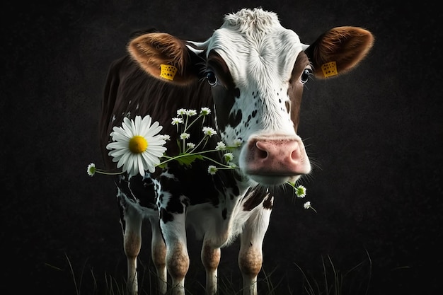 Une vache avec une fleur dans la gueule