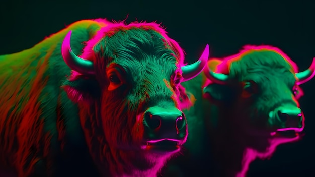 Une vache avec un fond rose et vert