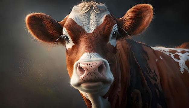 Une vache avec un fond sombre et une lumière sur le visage.