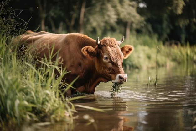 Une vache grignotant de l'herbe au bord d'une rivière