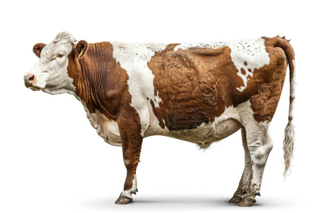 Vache Hereford brune et blanche vue de côté sur un fond blanc