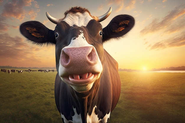 Une vache heureuse dans un champ au coucher du soleil