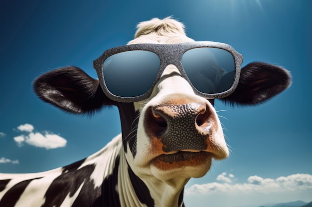 Une vache heureuse portant des lunettes de soleil créées avec la technologie