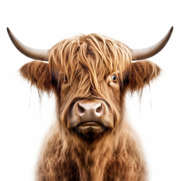 Une vache highland avec des cornes et un poil long.