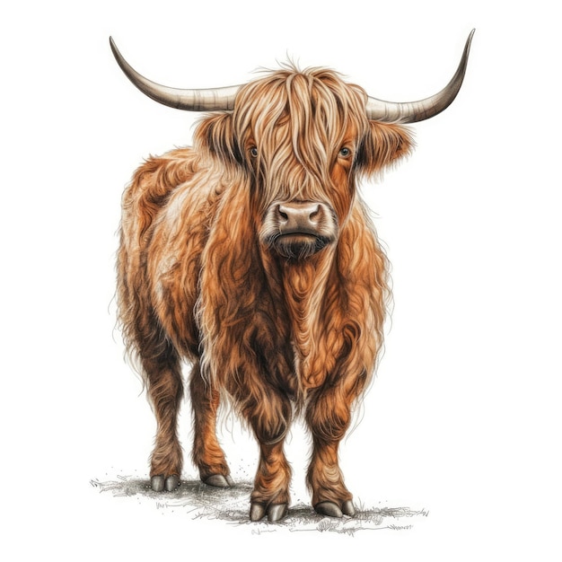 Vache Highland majestueuse sur fond blanc