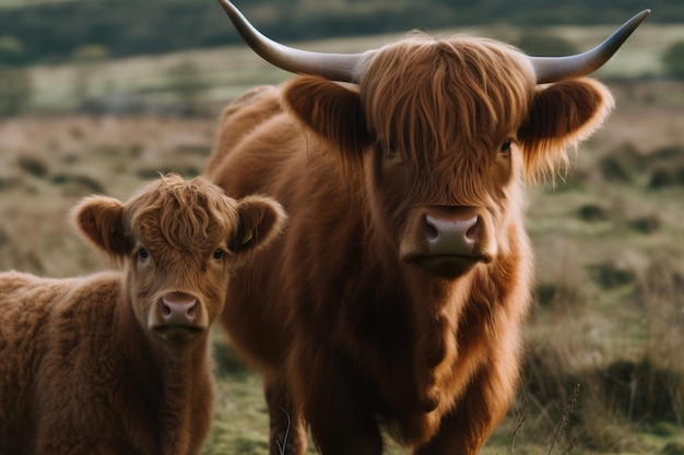 Une vache highland et son veau se tiennent dans un champ