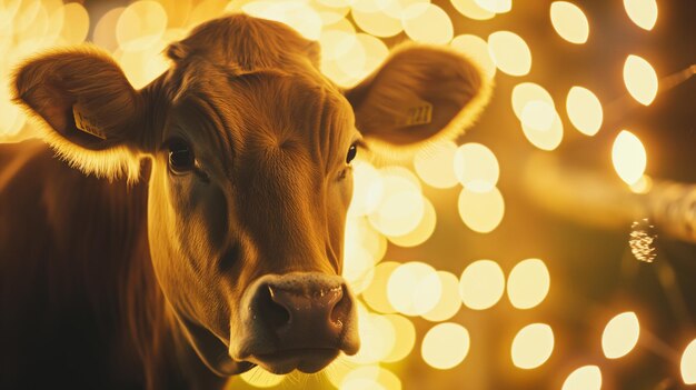 Vache isolée et lumières jaunes en arrière-plan