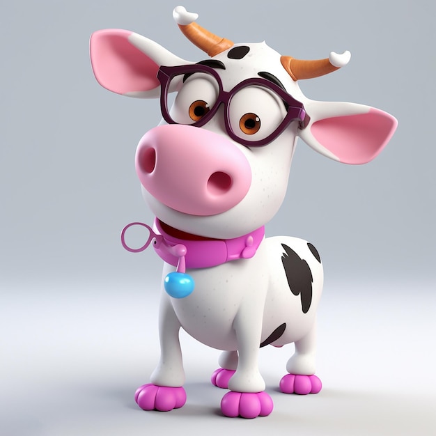 Une vache jouet avec un collier rose et des lunettes roses porte un nœud papillon rose.