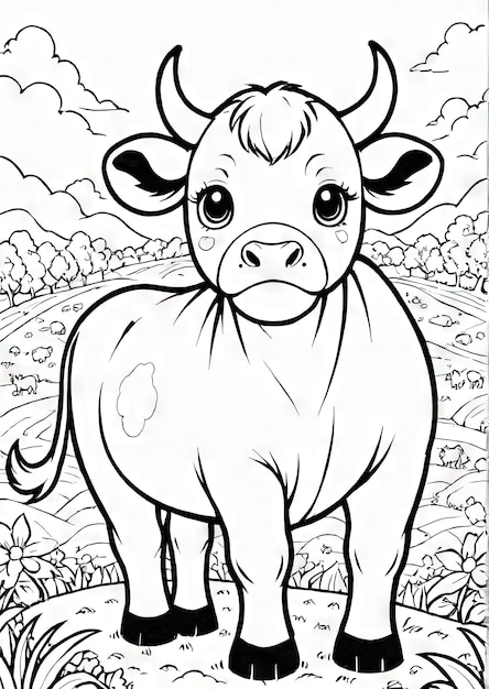 La vache ludique dans le champ AIGénéré page de coloriage pour les enfants