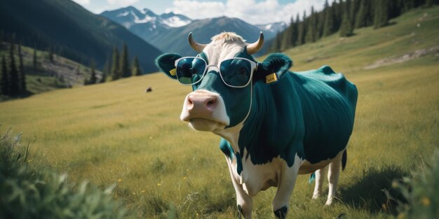 Une vache avec des lunettes de soleil dans l'herbe