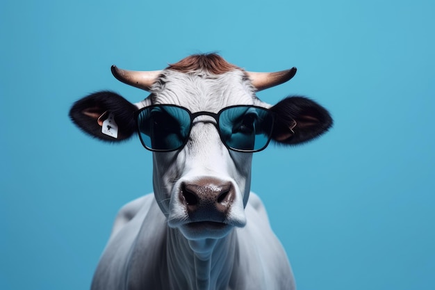 Vache à lunettes de soleil sur fond bleu portrait d'animal surréaliste AI générative