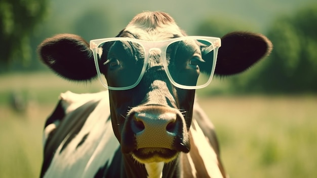 Photo vache avec des lunettes de soleil generative ai