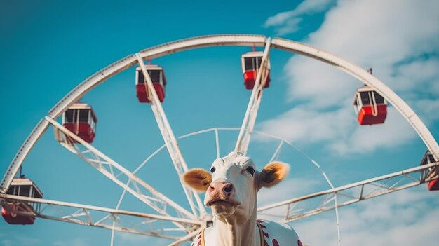 Une vache majestueuse debout avec confiance devant une roue de ferris hypnotisante et vibrante