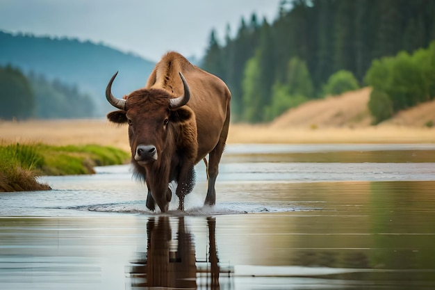 Une vache marchant dans une rivière avec des montagnes en arrière-plan